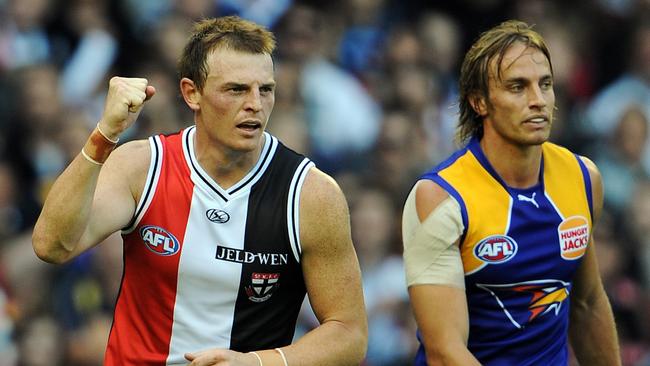 Brendon Goddard celebrates his fourth goal against the Eagles in 2009.