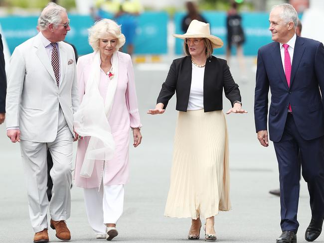 The then Prince Charles and Camilla, Duchess of Cornwall tour the Commonwealth Games Athletes Village, accompanied by Lucy and Malcolm Turnbull, April 2018. Picture: Mark Metcalfe/Getty Images