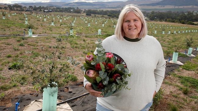 Grown not Flown founder Nikki Davey, at her family’s flower farm Duck Duck Pig, in central Victoria. Picture: Yuri Kouzmin