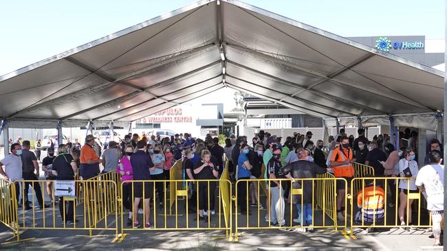 Queues at a testing centre in Shepparton after the outbreak. Picture: Alex Coppel