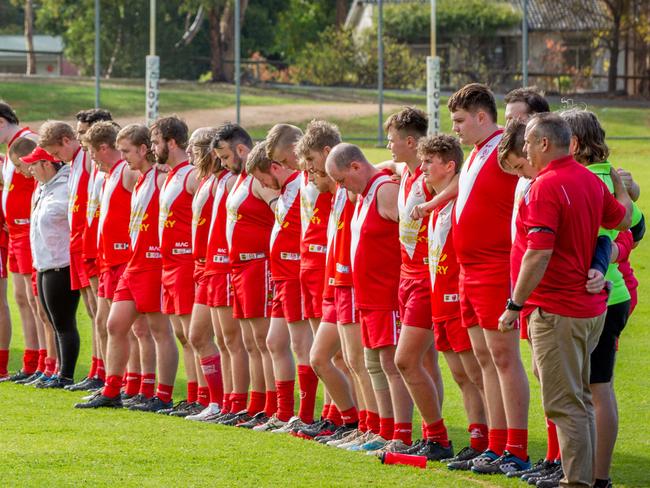 The 1 minute silence at the Birdwood v Macclesfield a Grade team following Loiacono's tragic death a fortnight ago. Pictured on 6th May 2023. Picture: Ben Clark