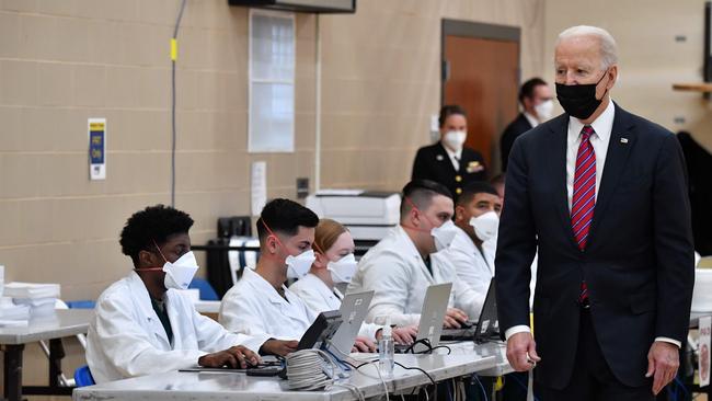 Joe Biden visits a coronavirus vaccination site at Walter Reed National Military Medical Centre in Bethesda, Maryland, on Friday. Picture: AFP