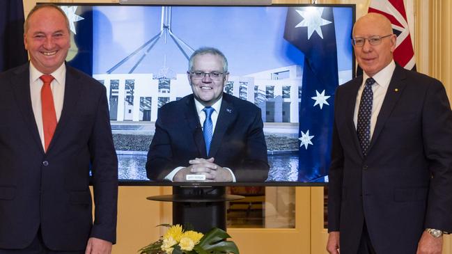 Barnaby Joyce, Scott Morrison and Governor-General David Hurley at the swearing-in ceremony of Joyce as Deputy PM. Picture: NCA NewsWire / Martin Ollman