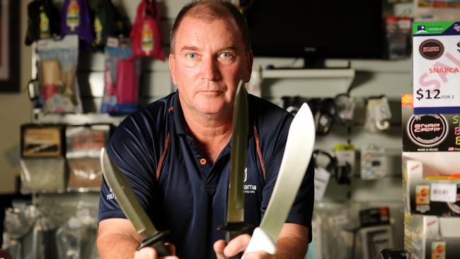 Camping World owner Kevin Thomas is furious that his Berrimah business was broken into overnight and about 50 hunting knives and machetes were stolen. Picture: Keri Megelus