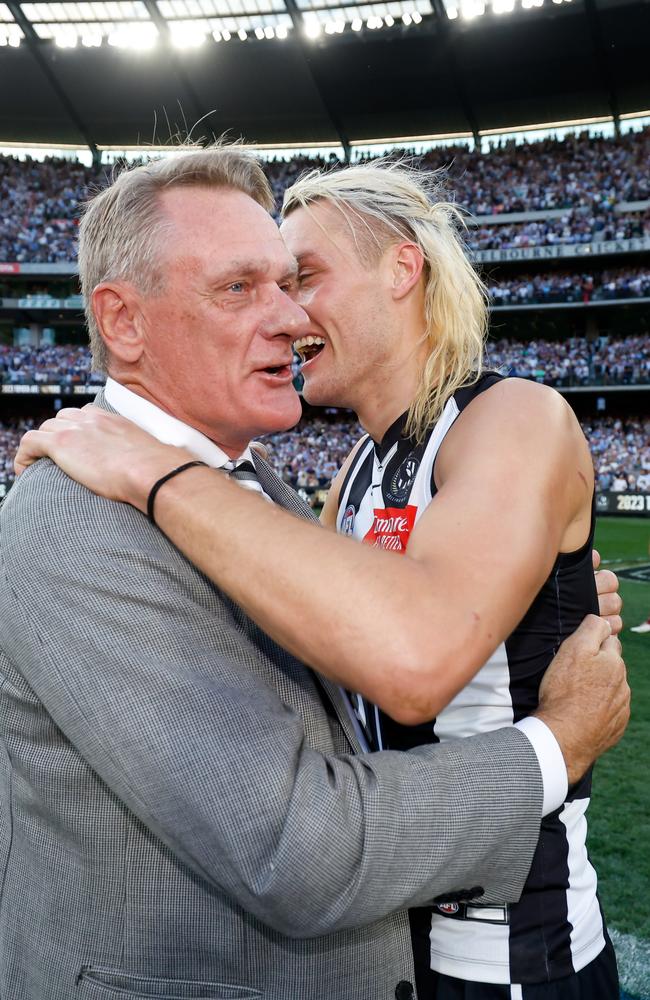 Father son rule! Peter and Darcy Moore post-match on Grand Final Day last September. Picture: Getty Images