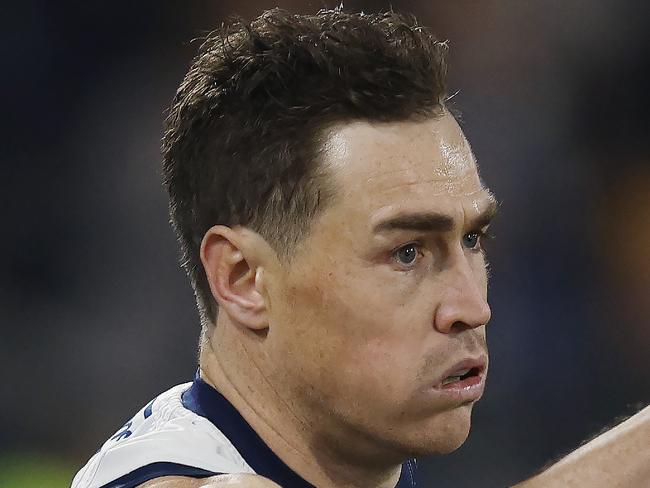 NCA . MELBOURNE, AUSTRALIAÃ July 6 , 2024.  AFL  Round 17. Geelong vs Hawthorn at GMHBA Stadium, Geelong.   Jeremy Cameron of the Cats celebrates a 3rd quarter goal     . Pic: Michael Klein