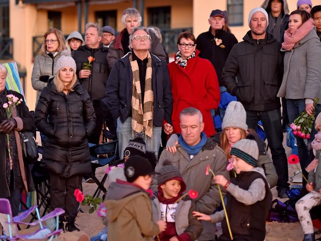 Justine Damond’s (father, wearing scarf) and his wife Maryan Heffernan (in red jacket) at the sunrise vigil for Justine Damond Ruszczyk on the anniversary of her death. Picture: AAP