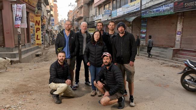 South Australians stuck in Nepal due to coronavirus shut down. Anthony Keane, Paul Ashenden, Tony Symons, Jody Hutton, Ryan Cox, Brook Hutton, Brad Fleet and Jonathon Creasey. Picture: Brad Fleet