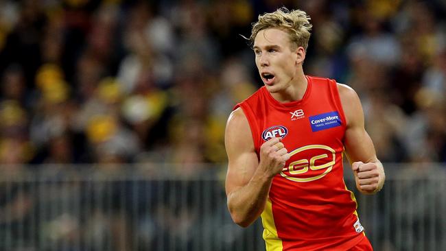 Tom Lynch celebrates scoring a goal for the Suns in their Round 4 AFL match this year against the West Coast Eagles. Picture: Getty Images