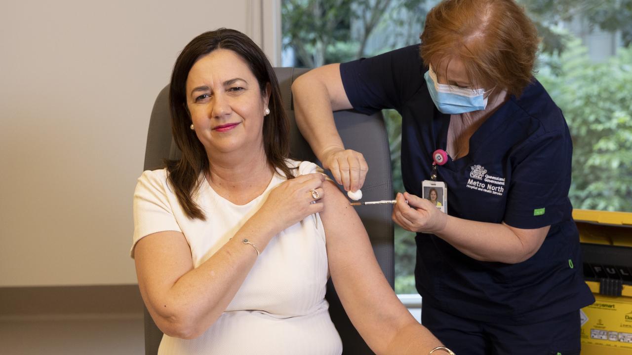 Premier Annastacia Palaszczuk receives her COVID-19 vaccination on Monday. Picture: Sarah Marshall