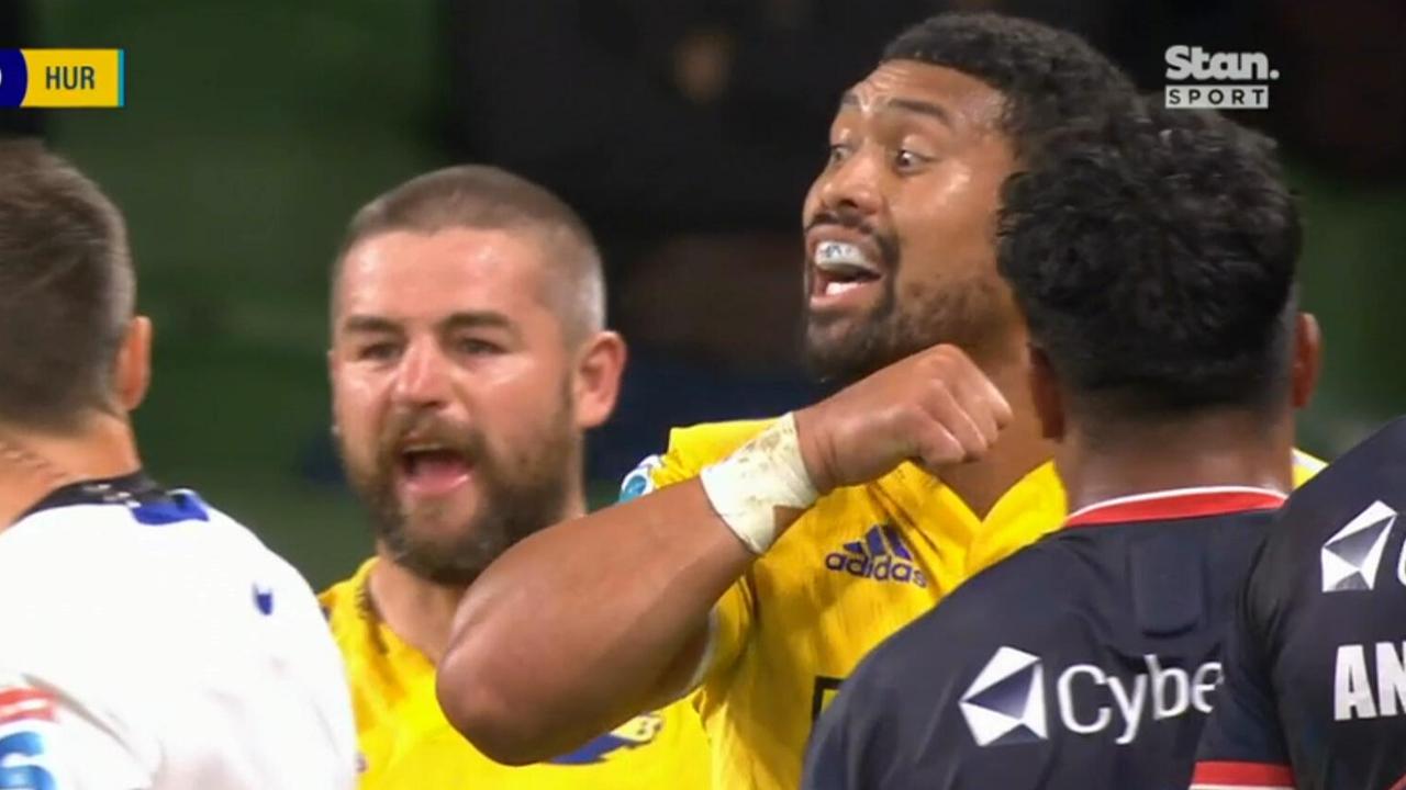 Ardie Savea apologised for his throat-slitting gesture during the Hurricanes' clash against the Rebels. Picture: Supplied