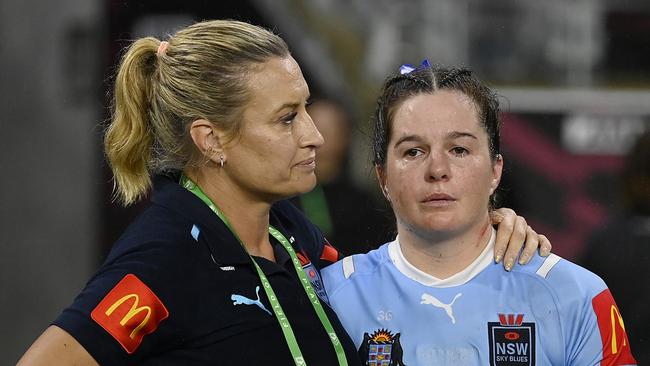 TOWNSVILLE, AUSTRALIA - JUNE 27: Rachael Pearson of the Blues looks dejected after losing game three of the 2024 Women's State of Origin series between Queensland Maroons and New South Wales Sky Blues at Queensland Country Bank Stadium on June 27, 2024 in Townsville, Australia. (Photo by Ian Hitchcock/Getty Images)