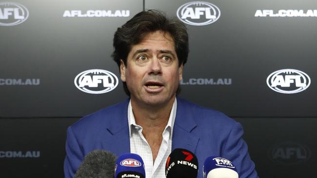 MELBOURNE, AUSTRALIA - MAY 30: AFL CEO Gillon McLachlan speaks to the media during a press conference at AFL House on May 30, 2023 in Melbourne, Australia. McLachlan spoke about the outcomes in relation to the Independent Panel Investigation into allegations of inappropriate conduct at the Hawthorn Hawks. (Photo by Darrian Traynor/Getty Images)