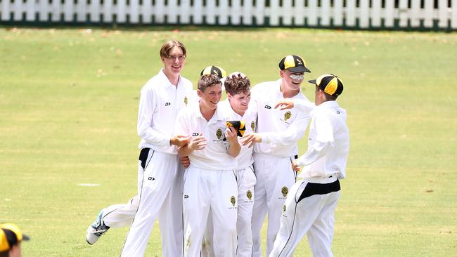 Action during the game between Marist College Ashgrove and St Laurence's. St Laurence's Max Peapell gets a wicket. Picture: Tertius Pickard