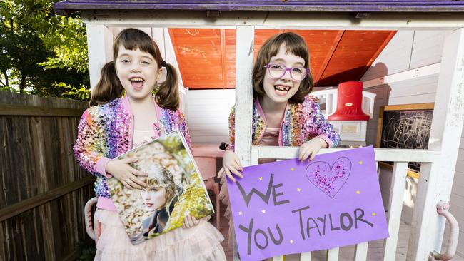 Taylor Swift fans Harriet Bain (age 5) and Evie Bain (age 7) from Rochedale, Friday, April 28, 2023 – Picture: Richard Walker