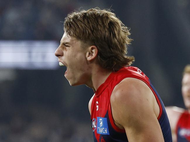 MELBOURNE , AUSTRALIA. May 4, 2024.  AFL. Melbourne vs Geelong at the MCG.   Caleb Windsor of the Demons celebrates a 4th quarter goal   . Pic: Michael Klein