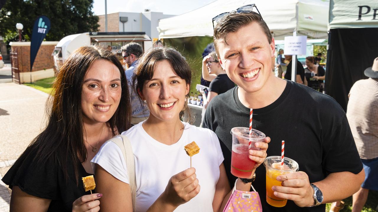 Sampling some of Melek's Baklava and More produce are (from left) Georgia Smith, Maddi Cross and Ben Brunner at Locals 4 Locals summer edition on the lawn of Empire Theatres, Friday, February 18, 2022. Picture: Kevin Farmer