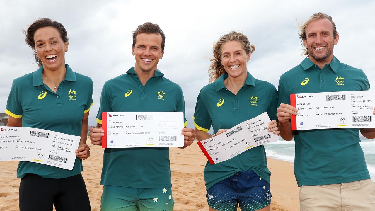 Sally Fitzgibbons, Julian Wilson, Stephanie Gilmore and Owen Wright after confirming their selection for the Olympics.