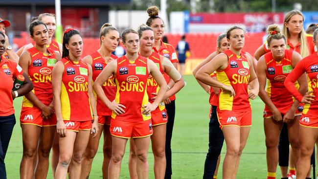 Suns players are seen after their draw against the Lions during the Round 3 AFLW match between the Gold Coast Suns and Brisbane Lions at Metricon Stadium on the Gold Coast, Saturday, February 22, 2020 (AAP Image/Darren England) NO ARCHIVING, EDITORIAL USE ONLY