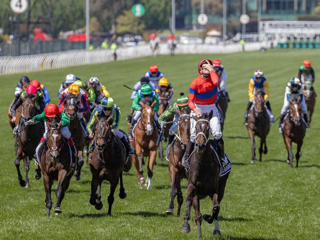 James Mcdonald riding #4 Verry Elleegant wins race 7, the Lexus Melbourne Cup. Picture: Jason Edwards