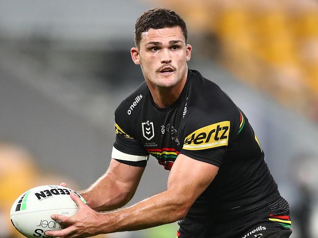 BRISBANE, AUSTRALIA - AUGUST 20: Nathan Cleary of the Panthers in action during the round 23 NRL match between the Penrith Panthers and the South Sydney Rabbitohs at Suncorp Stadium, on August 20, 2021, in Brisbane, Australia. (Photo by Chris Hyde/Getty Images)