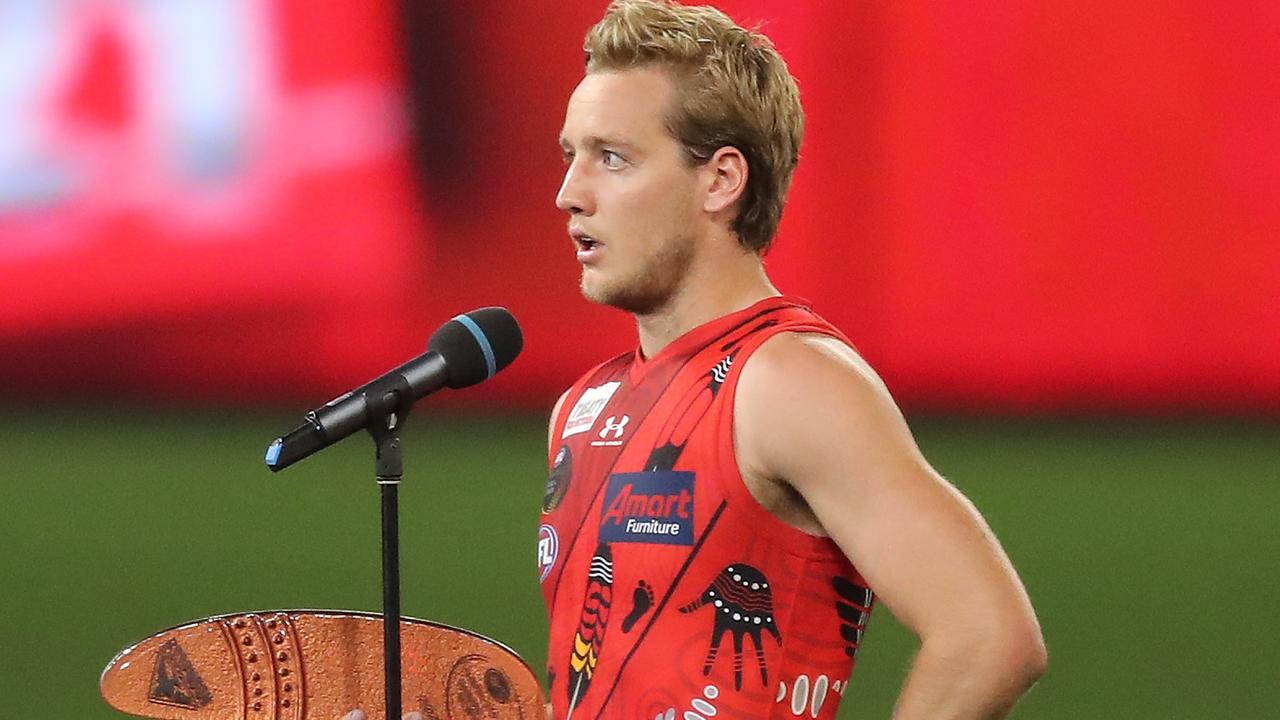 Darcy Parish addresses the crowd after receiving the Yiooken Award as best-afield in Dreamtime.