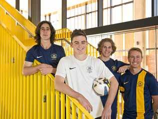 ON THE BALL: Former Toowoomba Grammar School footballers (from left) Mitchell McLeod, Joe Scott, Tim Zuyderwyk and Kyle Parish will travel to the United States this week to begin scholarships at a number of colleges. Picture: Kevin Farmer