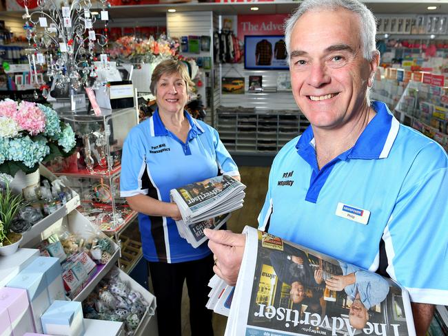 Port Mall Newsagency owners Leoni and Philip Jenner in their store at Port Adelaide .Thursday May 21,2020.Picture Mark Brake