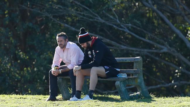 McCartin sits with Simon Lethlean at a recent St Kilda training session at RSEA Park. Picture: AFL Photos