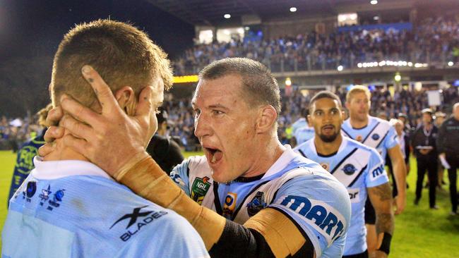 Paul Gallen of the Sharks celebrates their win with Jayden Brailey after the Sharks v Bulldogs NRL round 12 game at Shark Park. pic Mark Evans