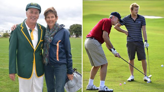 Left: Kerry Emery with his wife Helen in his Australia Over 70s team blazer. Right: Dale Officer of Tewantin and Aaron Budd of Sunshine Beach.