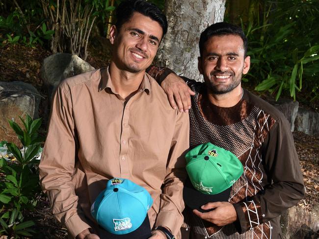 GOLD COAST, AUSTRALIA - NewsWire Photos JANUARY 6 2021: BBL cricketers Mujeeb Ur Rahman (R) , Heat player, and Zahir Khan, Stars player on the Gold Coast. Picture: NCA NewsWire / Steve Holland