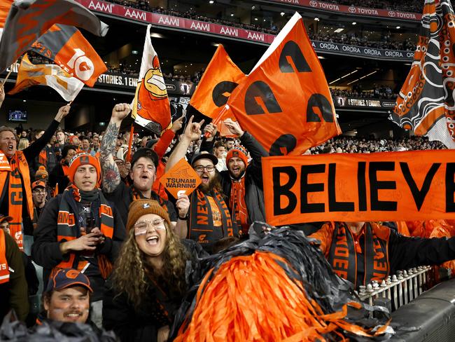 Giants fans during the AFL Preliminary Final match between the GWS Giants and Collingwood Magpies at the MCG on September 22, 2023.  Photo by Phil Hillyard(Image Supplied for Editorial Use only - **NO ON SALES** - Â©Phil Hillyard )