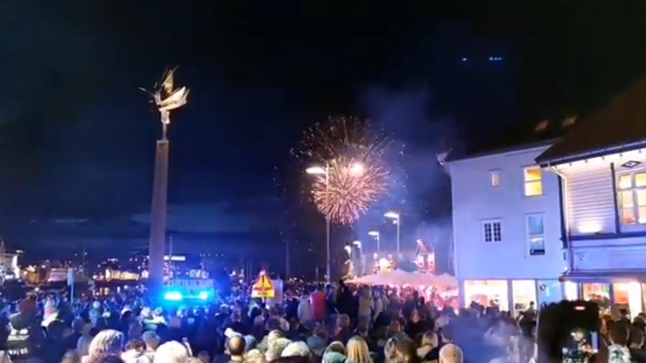 There were brawls and celebrations in the streets as Norway lifted Covid restrictions after 561 days. Picture: Twitter