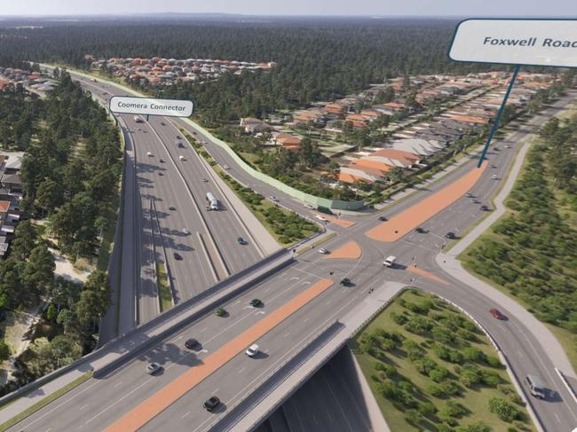 Future northern stages of the Coomera Connector. This graphic shows the Foxwell Road intersection and then north to Yawalpah Road.