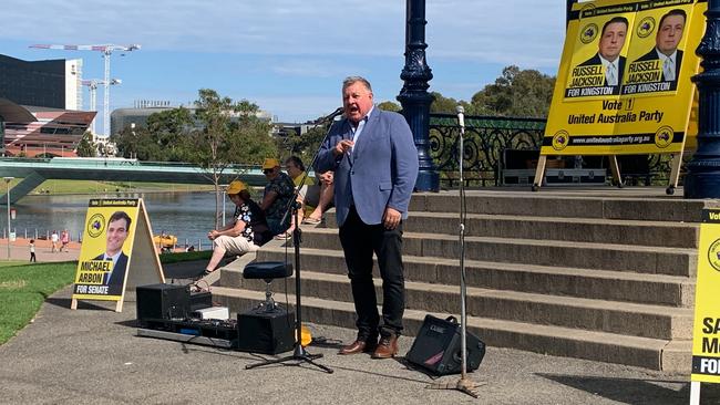 United Australia Party leader Craig Kelly addresses a small crowd in Adelaide.