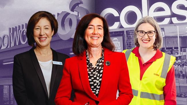 Woolworths CEO Amanda Bardwell. left, ACCC chair Gina Cass-Gottlieb and Coles CEO Leah Weckert.