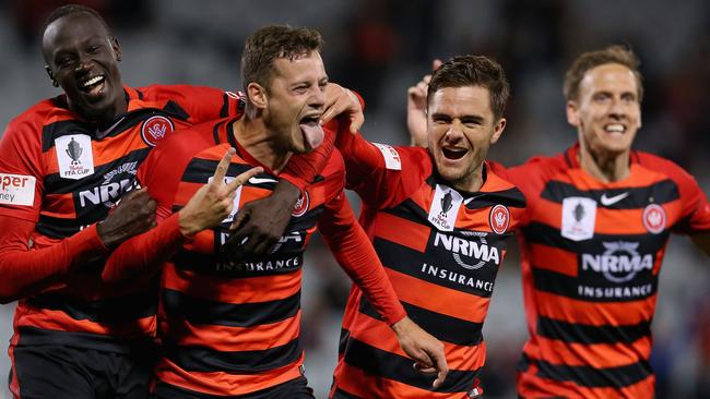 Oriel Riera celebrates scoring the winner for Western Sydney Wanderers against Wellington Phoenix in their FFA Cup clash on Tuesday night.