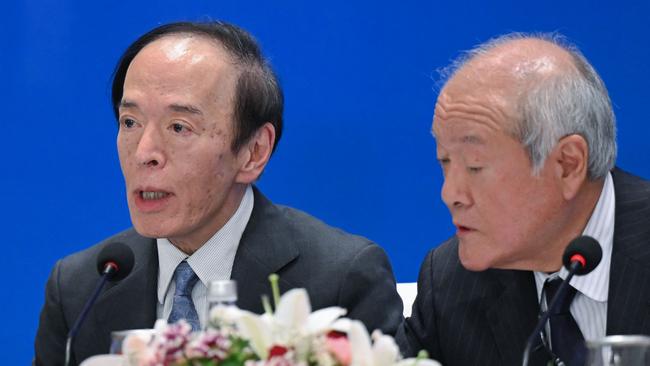 Bank of Japan governor Kazuo Ueda and Japan’s Finance Minister, Shunichi Suzuki. Picture: AFP