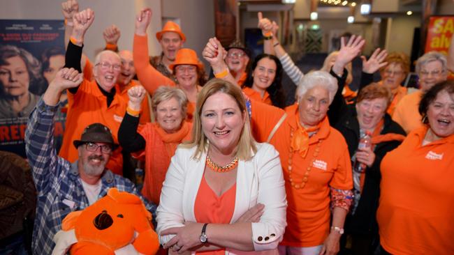 Mayo MP Rebekha Sharkie with supporters at Wallis Cinema in Mitcham. Picture: Brenton Edwards