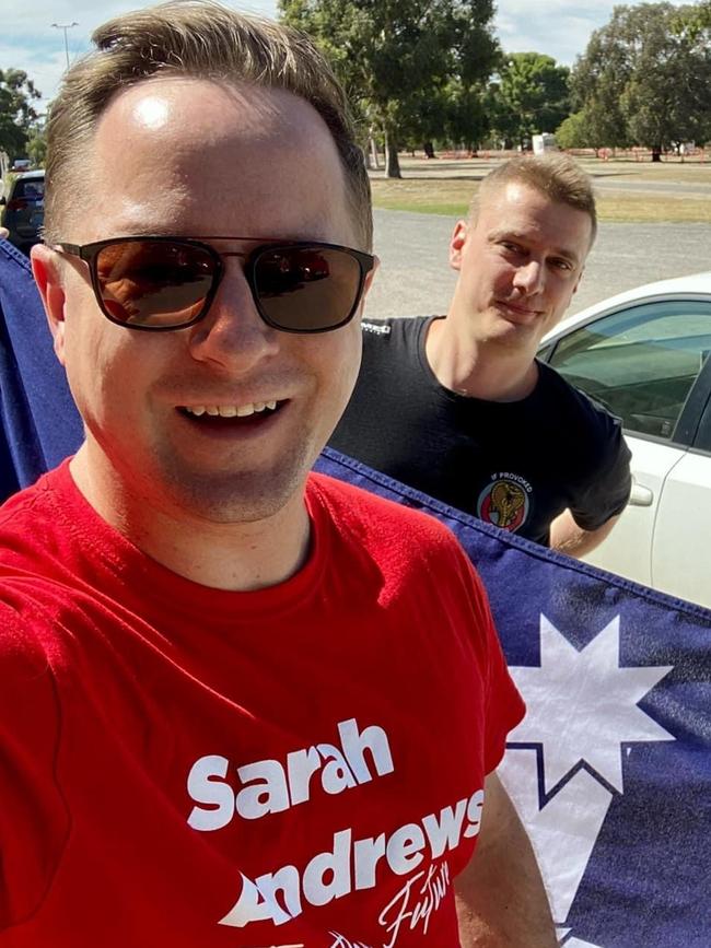 CFMEU lawyer Peter Russell, right, campaigning with Ash the Ambo during the 2022 SA election. Source: Facebook