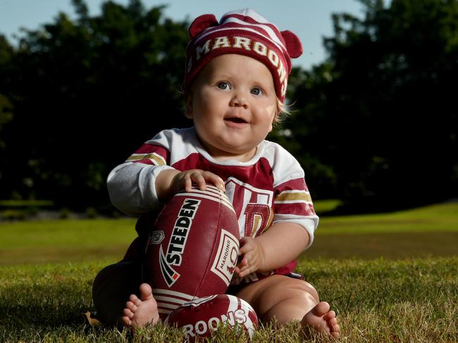 Delilah Grobler, 9 months, is set the last Origin game. Picture: Evan Morgan