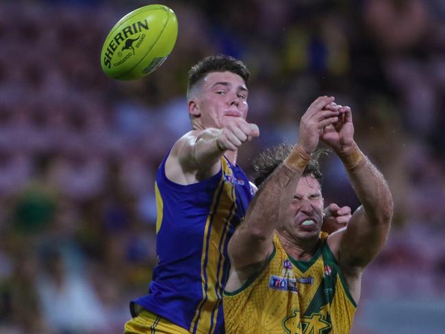 Muk Muks defender Brodie Newman (left) makes life difficult for St Mary’s forward Jackson Paine in last year’s preliminary final. Picture: Glenn Campbell.