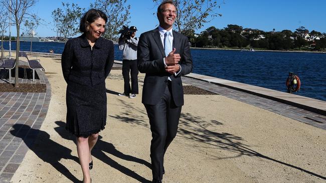 Premier Gladys Berejiklian and Minister for Planning and Public Spaces Rob Stokes at the opening of the final 300 metre section of the Barangaroo foreshore walk in Sydney. Picture: NCA NewsWire / Gaye Gerard