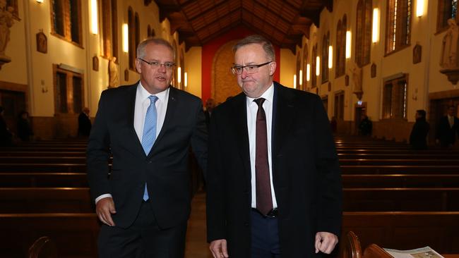 PM Scott Morrison and Opposition Leader Anthony Albanese after attending the Church Service to mark the start of the 46th Parliament, at St Christopher's Cathedral in Canberra. Picture Kym Smith