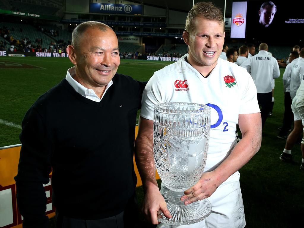 Eddie Jones and England captain Dylan Hartley with the Cook Cup in 2016, after defeating the Wallabies in Australia. Picture: David Rogers/Getty Images