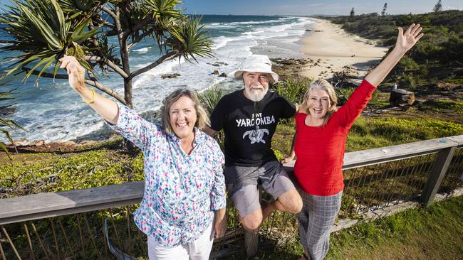 Lyn Saxton from Development Watch, Jim Moore of Friends of Yaroomba and Narelle McCarthy from the Sunshine Coast Environmental Council, celebrate a major win at The Court of Appeal over the controversial Sekisui House Yaroomba Development. Picture: Lachie Millard