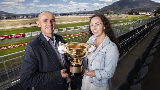 Appmat trainer Brendan McShane and his daughter Lucy McShane with the Hobart Cup at Elwick. Picture: CHRIS KIDD