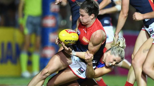 Katie Brennan tackles Harriet Cordner, an incident that has seen her suspended for the AFLW Grand Final. Picture: Getty