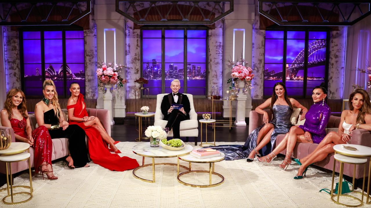 The Real Housewives of Sydney season 2 cast, pictured during the reunion episode with Joel Creasey. Picture: Binge